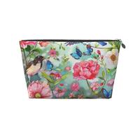 Garden with Birds and Flower Printed Travel Cosmetic Bags with Silver Zipper Makeup Organizer Cosmetic Case Toiletry Bag for Women Mom Girls