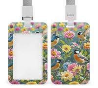 Garden with Birds and Flowers Badge Holder with Lanyards Retractable Vertical Plastic Id Badge Holder Name Key Card Holders Case for Teacher Nurse Doctor Office Gift for Coworkers