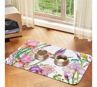 Garden with Birds and Flowers Print Pet Food Mat Absorbent Non Slip PU Leather Feeding Mat for Dogs Cats Rubber Bottom
