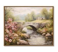 Gardenia Art Framed Country Landscape Wall Art Prints Mountain Bridge River with Blooming Flowers Wall Pictures Spring Scene Canvas Painting Nature View Artwork for Farmhouse Bedroom Home Wall Decor
