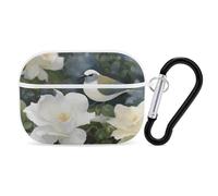 Gardenia Flowers Birds AirPods Pro Case Cover with Keychain Ring PC Hard Shell Protective Case for AirPods Pro 2nd for Women Men Generation Easy Open Full Drop Protection Cover White-Style