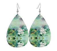 Gardenia Flowers Birds Printed Teardrop Pendant Leather Earrings | Lightweight and Versatile Earrings | Suitable for Daily Commute and Date Wear