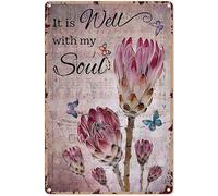 Gardening Decor for Women It is Well with My Soul Protea Butterfly Metal Sign Decor Tin Aluminum Sign Wall Art Retro Metal Poster for Home Girls Room Outdoor Classroom 12x8 inch