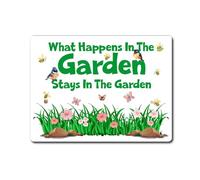 Gardening Metal Sign Gift - What Happens In The Garden Stays In The Garden - Family Fun House Novelty Aluminium Present