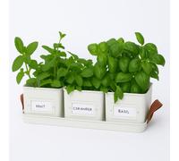 Gardening Naturally Herb Planter for Kitchen Set with Tray, 3 Square Steel Pots, 10.5 cm, Dove Grey with Leather Effect Handles