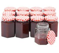 Gardening Naturally Hexagonal Glass Jars 280ml With Red And White Gingham Lids Clear Glass Jam Jars For Homemade Jam Chutney Pickles Honey Preserves And Kitchen Storage (12)