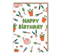Gardening Theme Birthday Card - Cute Illustrations of Gardening Essentials 'Happy Birthday' - Cute Birthday For Her For Him