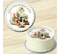 Gardening Theme Personalised Birthday Cake Topper, 7.5 Inch Round