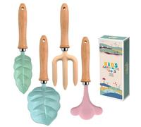 Gardening Tools for Children | 4 Pieces Leaf Shape with Wooden Handle - Small Gardening Tools - Set with Shovel and Rake - Boys and Girls, Backyard, Beach, Sand, Lawn