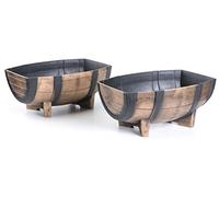 Gardenised QI003695 Rustic Wood-Look Plastic Half Barrel Flower Pot Garden Planter, Pack
