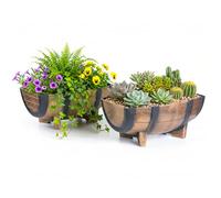 Gardenised QI003695 Rustic Wood-Look Plastic Half Barrel Flower Pot Garden Planter, Pack