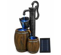 Gardenwize Solar Water Feature - 2 Tier Wooden Barrel Fountain with LED Lights & Battery Backup