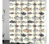 GardEssere Fish Shower Curtain with 12 Hooks Blue Vintage Fishes Drawing Salmon Trout Fishing Shower Curtains for Bathroom Cartoon Carp Lake Fish Bathroom Decor Waterproof Bath Curtain Set 183X183 CM