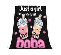 GardEssere Just A Girl Who Loves Boba Blanket Throw Bubble Tea Gifts for Girls Flannel Cartoon Cute Blankets Warm Soft Lightweight Throws for Sofa Bedding for Women Kids 100x130 CM