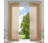 Gardinenbox Pack of 2 Transparent Curtains Set Living Room Voile Tab-Top Curtain with Lead Band Closure, 100% Polyester, Sand, H 225 x W 140 cm