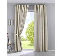 Gardinenbox Set of 2 Cationic Jena Opaque Linen Look Curtains Mottled Curtain Tape with Tie Backs, 100% Polyester, Sand, H x W 225 x 140 cm