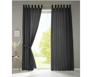 Gardinenbox Set of 2 Curtains with Loops, Opaque, Microsatin, Translucent, Ruffle Tape, Plain Matt, 100% Polyester, Black, H x W 245 x 140 cm