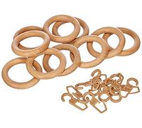 GARDINIA Curtain Rings for Curtain Rods Diameter 28 mm with Curtain Hooks Pack of 10 Ring Width 9 mm Wood Natural