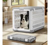 Gardner Pet Collapsible Dog Crate for Medium/Large Dogs, No-Tool Assembly Foldable Dog Cage, Travel Dog Crate with 2 Wheels, Portable Kennel Easy to Carry,Space-Saving,Indoor Outdoor Use,White-Grey, L
