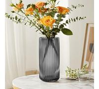 GarDream Modern Grey Glass Vase-11 Inch Tall Ribbed Glass Cylinder Vases for Flowers, Bouquet, Desk, Dining Table, Shelf, Decorative Flower Vase for Centerpieces, Home Decor, Living Room, Wedding