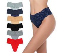 GAREDOB High Waisted Thong Underwear Tummy Control Panties Cotton Lace Thongs Size S-4XL, 6 Pack Gloomy, 3XL