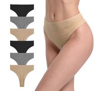 GAREDOB High Waisted Thong Underwear Tummy Control Panties Ribbed Cotton Black Grey Khaki Size S Pack 6