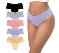 GAREDOB High Waisted Thongs Floral Lace Band Full Coverage Soft Tangas Thongs Black Grey Khaki Violet Peach XL