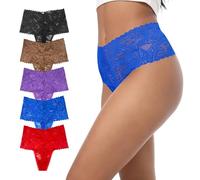 GAREDOB High Waisted Thongs Full Coverage Soft Lace Tangas Tropical Plants Lace Thongs Black Red Grape Blue Coffee M, Tropical Plants Lace-black Red Grape Blue Coffee, M