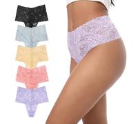 GAREDOB High Waisted Thongs Lace Full Coverage Soft Tangas Tropical Plants Lace Thongs Comfortable Sexy Underwear, Tropical Plants Lace-black Grey Khaki Violet Peach, L