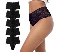 GAREDOB High Waisted Thongs Lace Full Coverage Soft Tangas Tropical Plants Lace Thongs Comfortable Sexy Underwear, Tropical Plants Lace-black-5pack, S