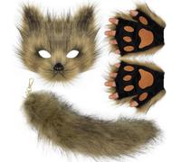 GAREGEAR Quadrobics Set - Fur Fox Tail, Cat Paws Gloves, Wolf Therian Mask, Quads Training Costume Set (Mask + Gloves + Tail) for Strength & Agility Training - Full Set (Beige, One-Size)