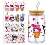 Garetheora 4Sheets Cartoon UV DTF Cup Wrap Transfer Stickers for 16oz Glass Cups, Rub on Transfers for Crafts Cup Decal Stickers (E)