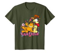 Garfield and Odie Retro 90s Snack Art Kids T-Shirt, Youth, Olive Green, Small