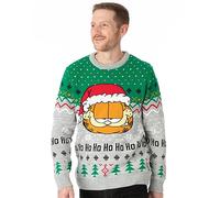Garfield Mens Christmas Jumper | Adults Ladies Lazy Tabby Cat Santa Festive Grey Green Knitted Sweater | Xmas Movie Gifts for Him Her