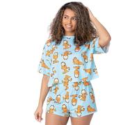 Garfield Womens Pyjama Set | Ladies Cropped Short Sleeved T-Shirt With Shorts Bottoms Pjs | Pastel Blue with Orange Cartoon Cat All Over Print Movie Nightwear Pyjama Merchandise for Adults