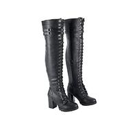 GARGOYLE BELLS Ladies Knee High Laced Boots, Sexy Over the knee boots for Women. Black Motorcycle Leather Boots with Calf Buckle, Black, 5 UK