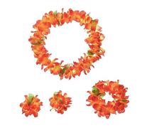 GARIOUANS 12PCS Hawaii Floral Wreath with Neck Pendant Headband Wristbands Realistic Blooming Garlands for Hawaiian Party Decorations Tropical Luau Accessories in Blue Red Green