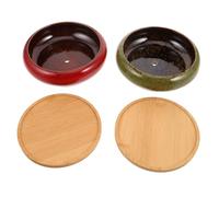 GARIOUANS 2PCS Vintage Ceramic Bonsai Planters with Built Tray Shallow Round Succulent Pots for Indoor Outdoor Use Retro Glazed Flower Containers for Desk Windowsill