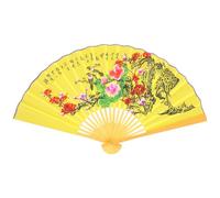GARIOUANS 5x0.9m Large Chinese Style Bamboo Wall Fan Yellow Cloth and Bird-Flower Pattern, Silk Folding Hand Fan for Living Room Decor, Wedding and Photography Props
