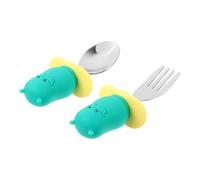 GARIOUANS Cartoon Training Cutlery with Silicone Non-Slip Handle Stainless Steel Spoon and Fork for Safe Smooth Edges Cute Green Hippo Design for Learning to Eat