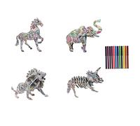 GARIOUANS DIY Paintable Puzzle with Color Pens for Creative Unfinished Graffiti Puzzle Crafts Educational and Fun Activity for Boys and Includes Lion Dinosaur Horse Elephant Designs