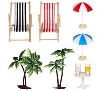GARIOUANS Resin Miniature Beach Set for Dollhouse 2 Coconut Palm Trees 2 Mini Parasols 2 Beach Deck Chairs (red Black) 2 Drinks round Tea Table for Fairy Garden and Doll House