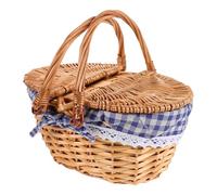 GARIOUANS Small Woven Rattan Picnic Basket Lid and Handle for, Handwoven ’s Foraging and Strawberry Picking Basket, Blue Checkered Fabric Liner, Rustic Wicker Hamper for Outdoor Play and