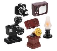 GARIOUANS Vintage Retro Camera Phonograph Dollhouse Accessory Set 6Pcs Miniature Home Decor Props for Doll House Scene Desktop Model with Mini TV and Kerosene Lamp