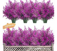Garlag 12 Bundles Artificial Lavender UV Resistant Plants Outdoor Faux Flowers Shrubs for Floral Arrangement, Indoor Outside Hanging Garden Home Wedding Farmhouse Decor (Fuchsia)