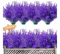 Garlag 12 Bundles Artificial Lavender UV Resistant Plants Outdoor Faux Flowers Shrubs for Floral Arrangement, Indoor Outside Hanging Garden Home Wedding Farmhouse Decor (Purple)