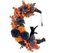 Garland Decoration Moon Cat Wreath With Flowers And Door Decoration Halloween Moon Cat Home Gift Halloween Party Decorations For Lovers With Lights Garland (A, One Size)