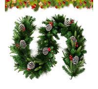 Garland with Red Fruits-Artificial Christmas Pine -, Pine Needles and Snowy Pinecones | Eucalyptus and Spruce Leaves, Winter Greenery Garland to Decorate the Table of Christmas Stairs.