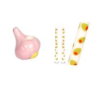 Garlic Ceramic Candle Holder & Olive Design Tapered Dinner Candles Bundle