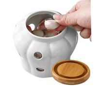 Garlic Container,Garlic Pot 4x4in Vented Freshness Ceramic Kitchen Garlic Keeper Large Opening with Lid Countertop Non-Slip Hollow Stylish Garlic Storage for Onions, Ginger (White)